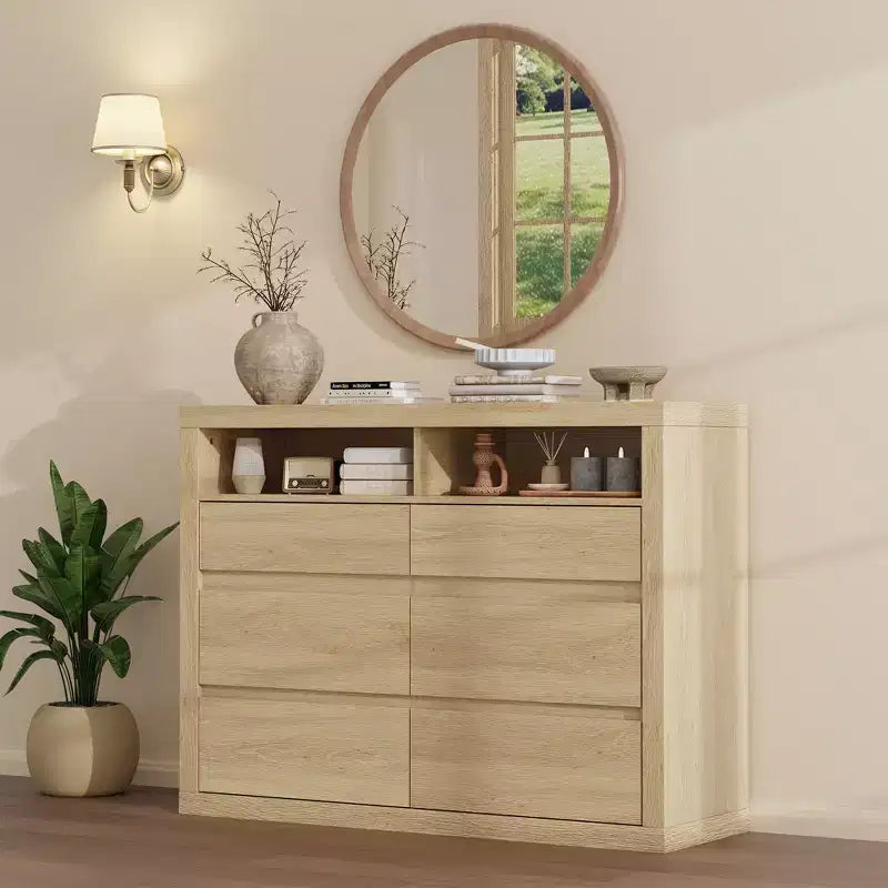 6 Drawer Dresser for Bedroom, Modern Mid Century Chest of Drawers with 2 Open Shelves, 47 Wide Wooden Double Dresser TV Stand for Closet, Living Room