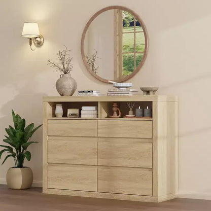 6 Drawer Dresser for Bedroom, Modern Mid Century Chest of Drawers with 2 Open Shelves, 47 Wide Wooden Double Dresser TV Stand for Closet, Living Room