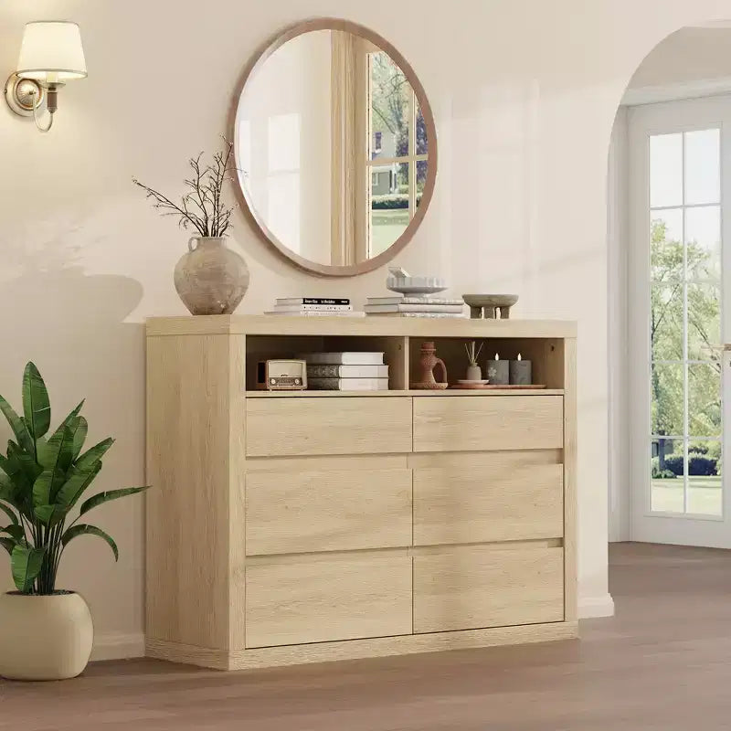 6 Drawer Dresser for Bedroom, Modern Mid Century Chest of Drawers with 2 Open Shelves, 47 Wide Wooden Double Dresser TV Stand for Closet, Living Room