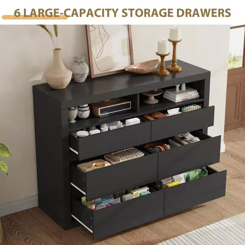 6 Drawer Dresser for Bedroom, Modern Mid Century Chest of Drawers with 2 Open Shelves, 47 Wide Wooden Double Dresser TV Stand for Closet, Living Room