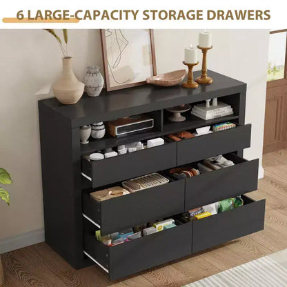 6 Drawer Dresser for Bedroom, Modern Mid Century Chest of Drawers with 2 Open Shelves, 47 Wide Wooden Double Dresser TV Stand for Closet, Living Room