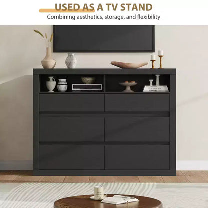 6 Drawer Dresser for Bedroom, Modern Mid Century Chest of Drawers with 2 Open Shelves, 47 Wide Wooden Double Dresser TV Stand for Closet, Living Room