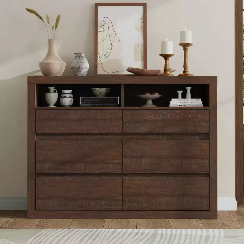6 Drawer Dresser for Bedroom, Modern Mid Century Chest of Drawers with 2 Open Shelves, 47 Wide Wooden Double Dresser TV Stand for Closet, Living Room