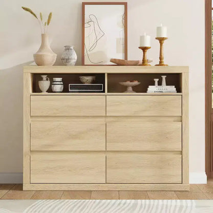 6 Drawer Dresser for Bedroom, Modern Mid Century Chest of Drawers with 2 Open Shelves, 47 Wide Wooden Double Dresser TV Stand for Closet, Living Room