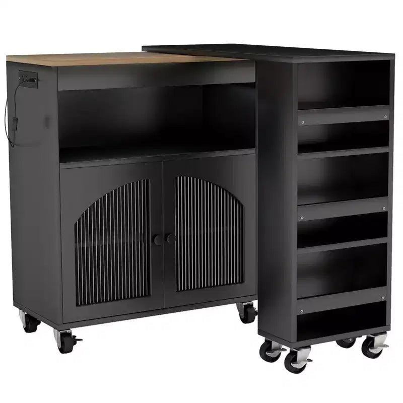 AEELLEEA Kitchen Island On Wheels with Extended Table MDF Rolling Kitchen Storage Cart 2 Fluted Glass Doors Side 3 Open Shelves Black