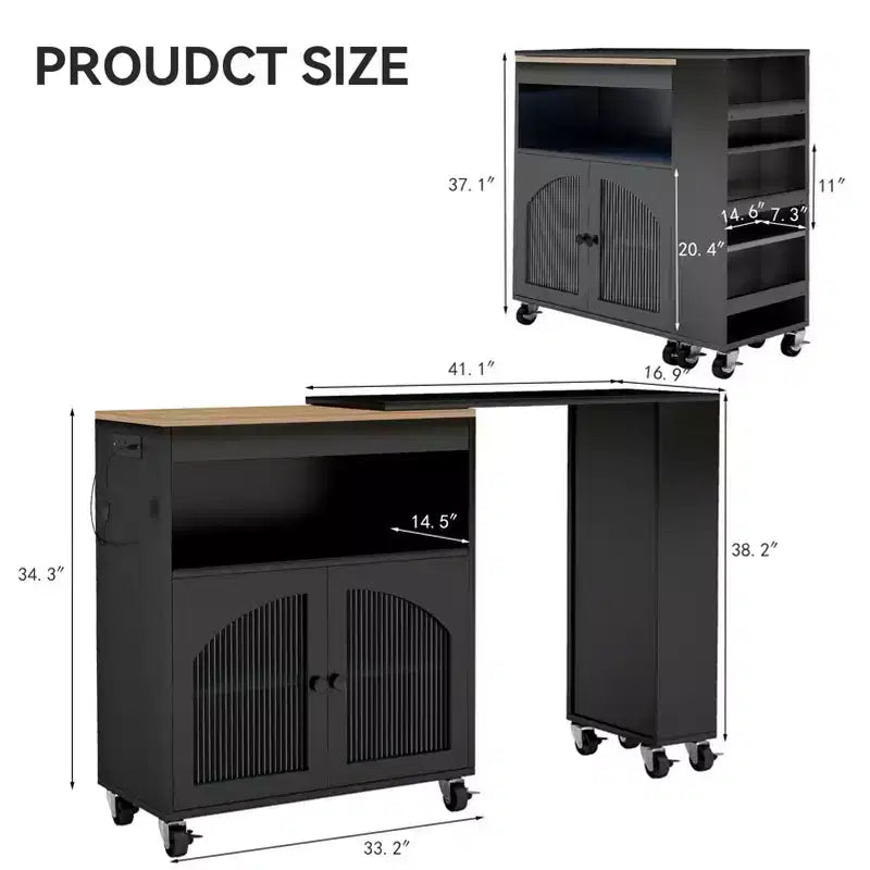 AEELLEEA Kitchen Island On Wheels with Extended Table MDF Rolling Kitchen Storage Cart 2 Fluted Glass Doors Side 3 Open Shelves Black