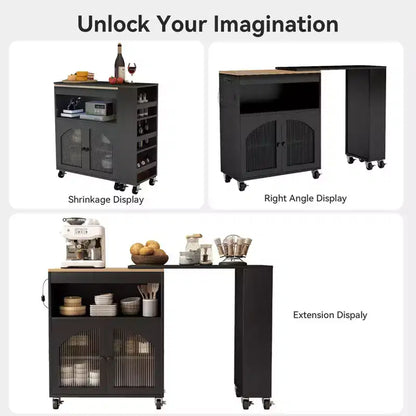 AEELLEEA Kitchen Island On Wheels with Extended Table MDF Rolling Kitchen Storage Cart 2 Fluted Glass Doors Side 3 Open Shelves Black
