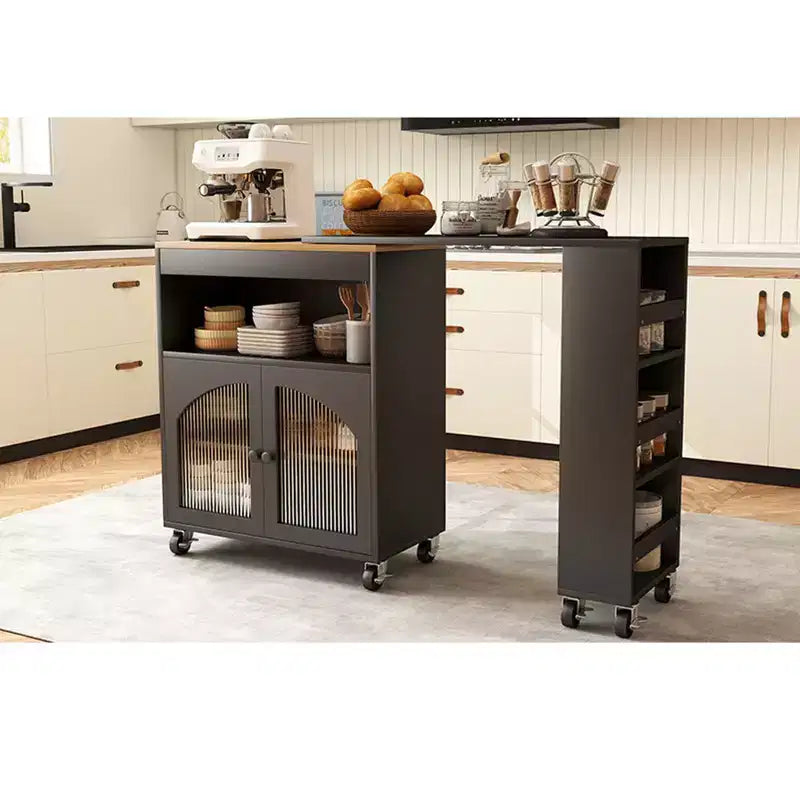 AEELLEEA Kitchen Island On Wheels with Extended Table MDF Rolling Kitchen Storage Cart 2 Fluted Glass Doors Side 3 Open Shelves Black