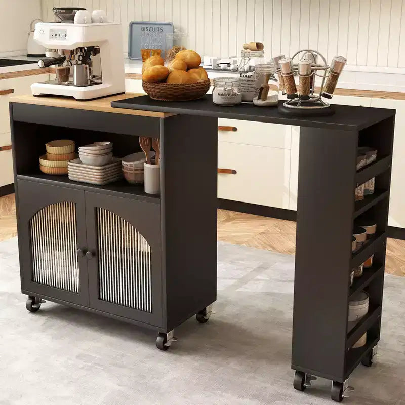 AEELLEEA Kitchen Island On Wheels with Extended Table MDF Rolling Kitchen Storage Cart 2 Fluted Glass Doors Side 3 Open Shelves Black