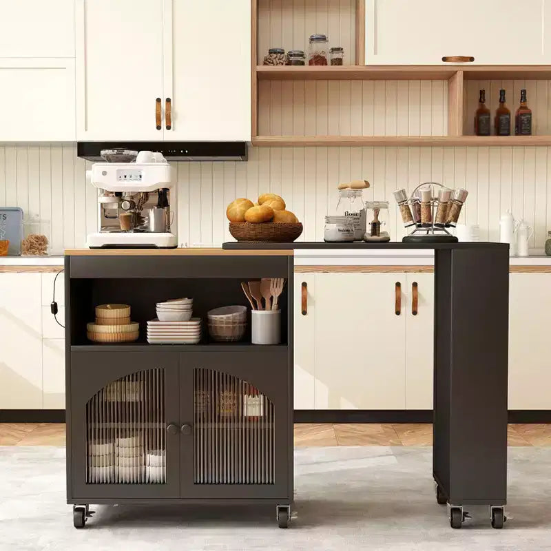 AEELLEEA Kitchen Island On Wheels with Extended Table MDF Rolling Kitchen Storage Cart 2 Fluted Glass Doors Side 3 Open Shelves Black