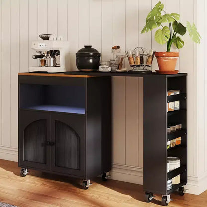 AEELLEEA Kitchen Island On Wheels with Extended Table MDF Rolling Kitchen Storage Cart 2 Fluted Glass Doors Side 3 Open Shelves Black
