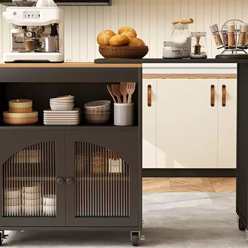 AEELLEEA Kitchen Island On Wheels with Extended Table MDF Rolling Kitchen Storage Cart 2 Fluted Glass Doors Side 3 Open Shelves Black