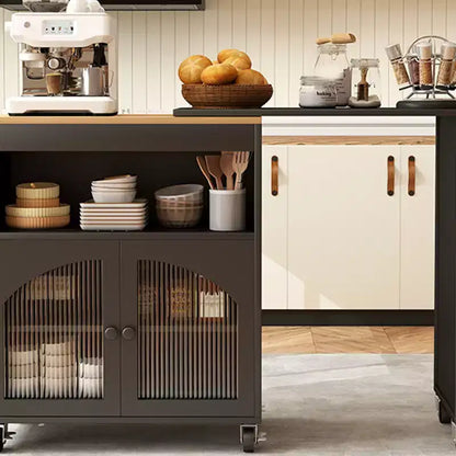 AEELLEEA Kitchen Island On Wheels with Extended Table MDF Rolling Kitchen Storage Cart 2 Fluted Glass Doors Side 3 Open Shelves Black