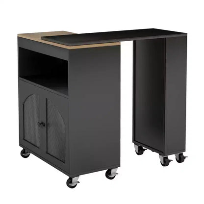 AEELLEEA Kitchen Island On Wheels with Extended Table MDF Rolling Kitchen Storage Cart 2 Fluted Glass Doors Side 3 Open Shelves Black