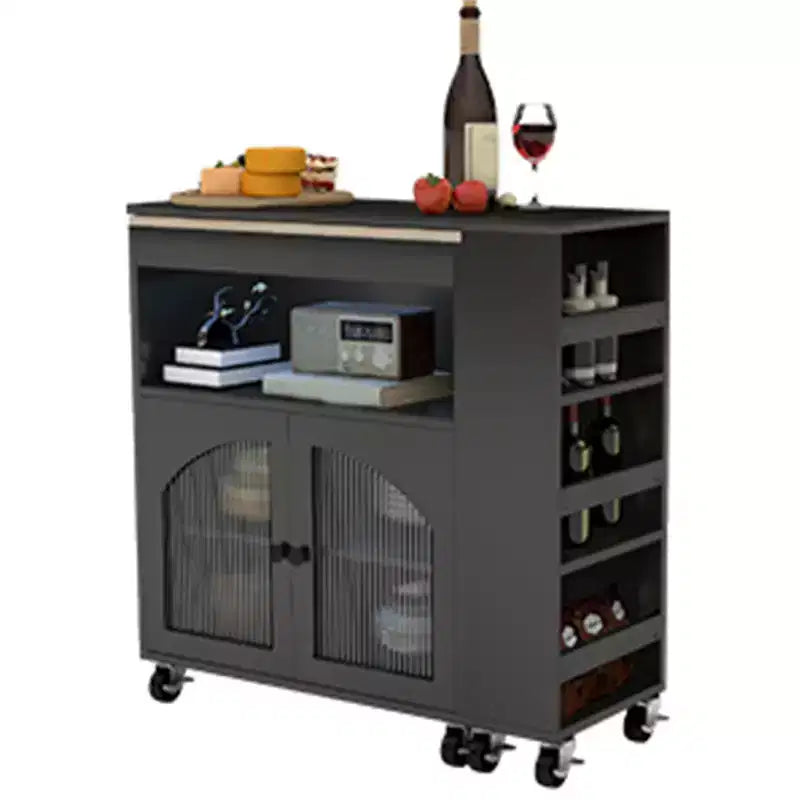 AEELLEEA Kitchen Island On Wheels with Extended Table MDF Rolling Kitchen Storage Cart 2 Fluted Glass Doors Side 3 Open Shelves Black