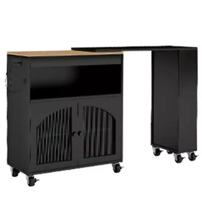 AEELLEEA Kitchen Island On Wheels with Extended Table MDF Rolling Kitchen Storage Cart 2 Fluted Glass Doors Side 3 Open Shelves Black