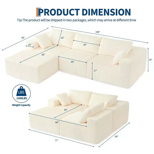 108'' Modular Sectional Sofa, Corduroy Sponge Compression Sofa with Deep Seat, Comfy Memory Foam Sofa for Living Room Bedroom, No Assembly Required