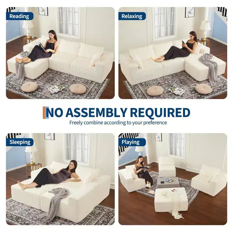 108'' Modular Sectional Sofa, Corduroy Sponge Compression Sofa with Deep Seat, Comfy Memory Foam Sofa for Living Room Bedroom, No Assembly Required