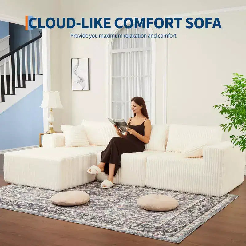 108'' Modular Sectional Sofa, Corduroy Sponge Compression Sofa with Deep Seat, Comfy Memory Foam Sofa for Living Room Bedroom, No Assembly Required