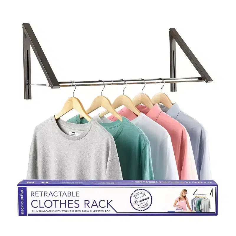 Wall-Mounted Retractable Double Foldable Clothing Rack with Extension Rod, Gray
