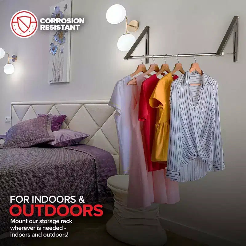 Wall-Mounted Retractable Double Foldable Clothing Rack with Extension Rod, Gray