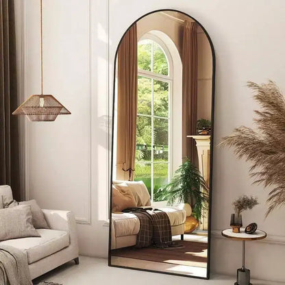 56 Inch Arched Full Length Mirror with Aluminum Alloy Frame Black Standing Wall Mounted Floor Mirror Large Dressing Mirror