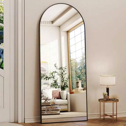Specchio a figura intera ad arco da 56 pollici con cornice in lega di alluminio nero, specchio da terra o da parete, grande specchiera.