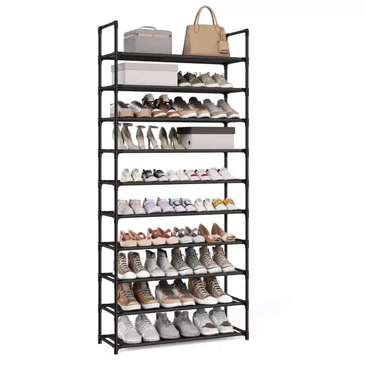 10-Tier Shoe Rack, 68 Inch Tall Metal Frame Shelf with Non-Woven Fabric Shelves, Modular Organizer for Entryway Bedroom, Black