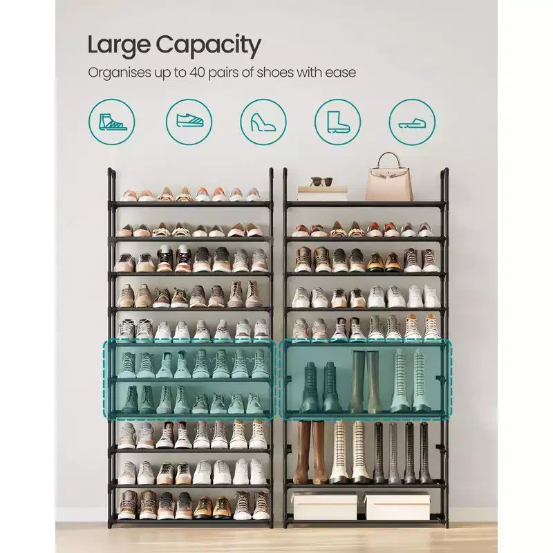 10-Tier Shoe Rack, 68 Inch Tall Metal Frame Shelf with Non-Woven Fabric Shelves, Modular Organizer for Entryway Bedroom, Black