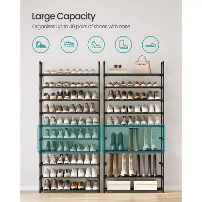 10-Tier Shoe Rack, 68 Inch Tall Metal Frame Shelf with Non-Woven Fabric Shelves, Modular Organizer for Entryway Bedroom, Black