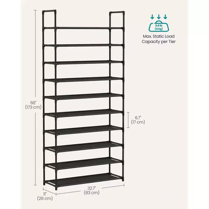 10-Tier Shoe Rack, 68 Inch Tall Metal Frame Shelf with Non-Woven Fabric Shelves, Modular Organizer for Entryway Bedroom, Black