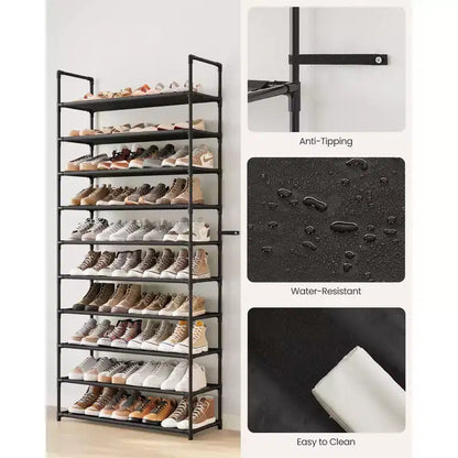 10-Tier Shoe Rack, 68 Inch Tall Metal Frame Shelf with Non-Woven Fabric Shelves, Modular Organizer for Entryway Bedroom, Black