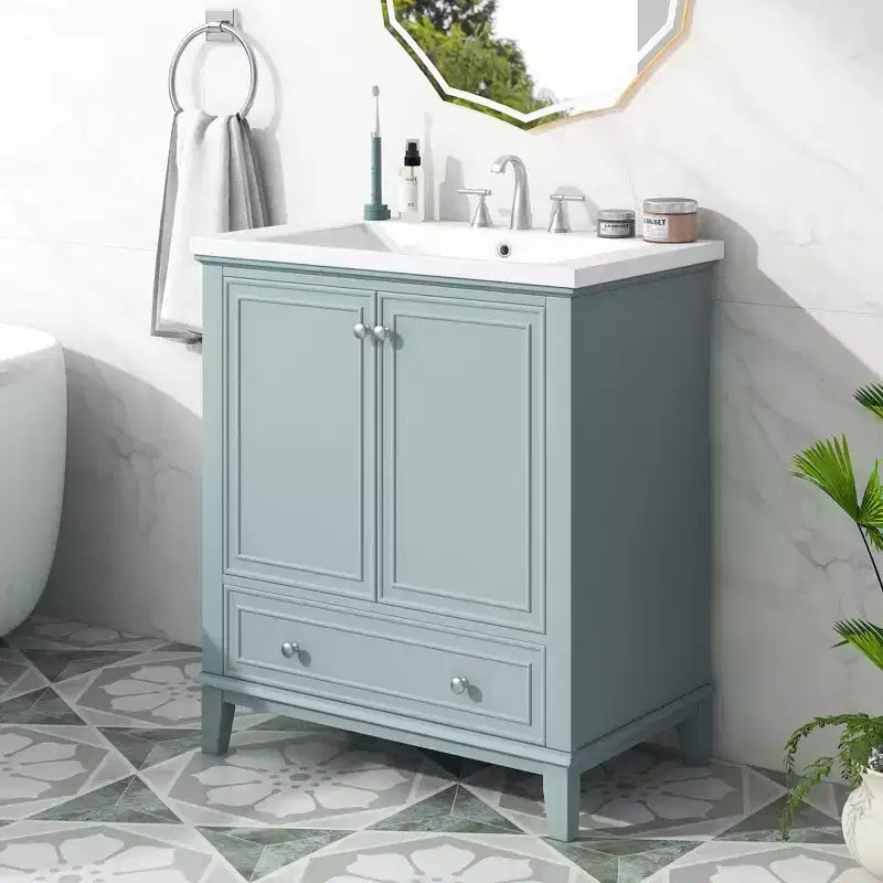 30 Single Sink Bathroom Vanity, Freestanding Bathroom Vanity with 1 Drawer & 2 Doors, Wood Bathroom Cabinet with Ceramic Basin Sink Top Green