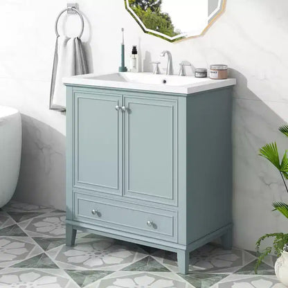 30 Single Sink Bathroom Vanity, Freestanding Bathroom Vanity with 1 Drawer & 2 Doors, Wood Bathroom Cabinet with Ceramic Basin Sink Top Green