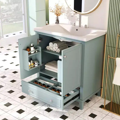 Mobile lavabo singolo da 30 pollici, mobile lavabo da bagno indipendente con 1 cassetto e 2 ante, mobile da bagno in legno con lavabo in ceramica, colore verde