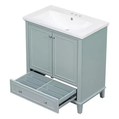 Mobile lavabo singolo da 30 pollici, mobile lavabo da bagno indipendente con 1 cassetto e 2 ante, mobile da bagno in legno con lavabo in ceramica, colore verde