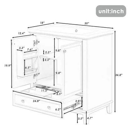 Mobile lavabo singolo da 30 pollici, mobile lavabo da bagno indipendente con 1 cassetto e 2 ante, mobile da bagno in legno con lavabo in ceramica, colore verde