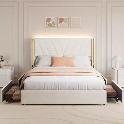 Upholstered LED Bed Frame 1200 LBS, RGB Lights with Remote, Wingback Foam Headboard, Gold Metal Trim & 4 Storage Drawers Noise-Free Easy Install