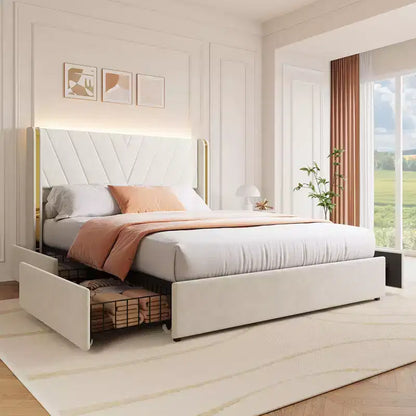Upholstered LED Bed Frame 1200 LBS, RGB Lights with Remote, Wingback Foam Headboard, Gold Metal Trim & 4 Storage Drawers Noise-Free Easy Install