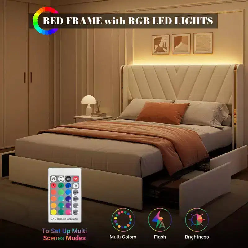 Upholstered LED Bed Frame 1200 LBS, RGB Lights with Remote, Wingback Foam Headboard, Gold Metal Trim & 4 Storage Drawers Noise-Free Easy Install