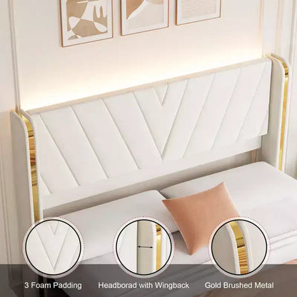 Upholstered LED Bed Frame 1200 LBS, RGB Lights with Remote, Wingback Foam Headboard, Gold Metal Trim & 4 Storage Drawers Noise-Free Easy Install
