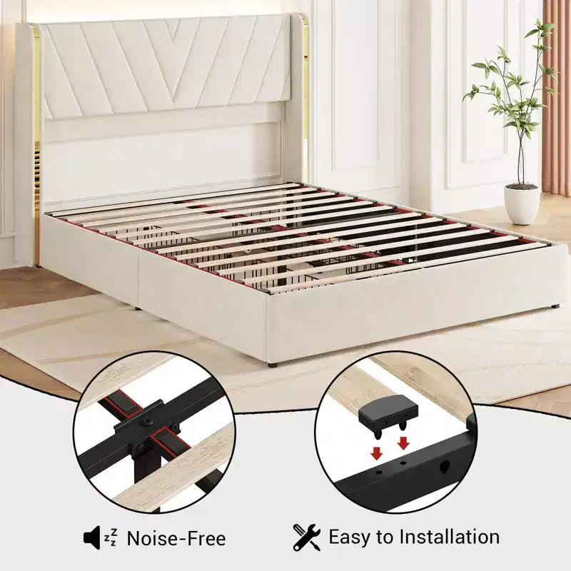 Upholstered LED Bed Frame 1200 LBS, RGB Lights with Remote, Wingback Foam Headboard, Gold Metal Trim & 4 Storage Drawers Noise-Free Easy Install