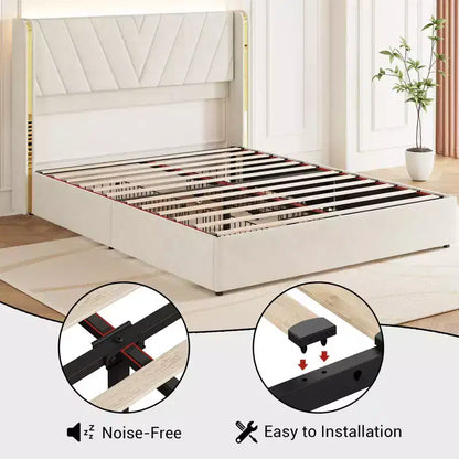 Upholstered LED Bed Frame 1200 LBS, RGB Lights with Remote, Wingback Foam Headboard, Gold Metal Trim & 4 Storage Drawers Noise-Free Easy Install