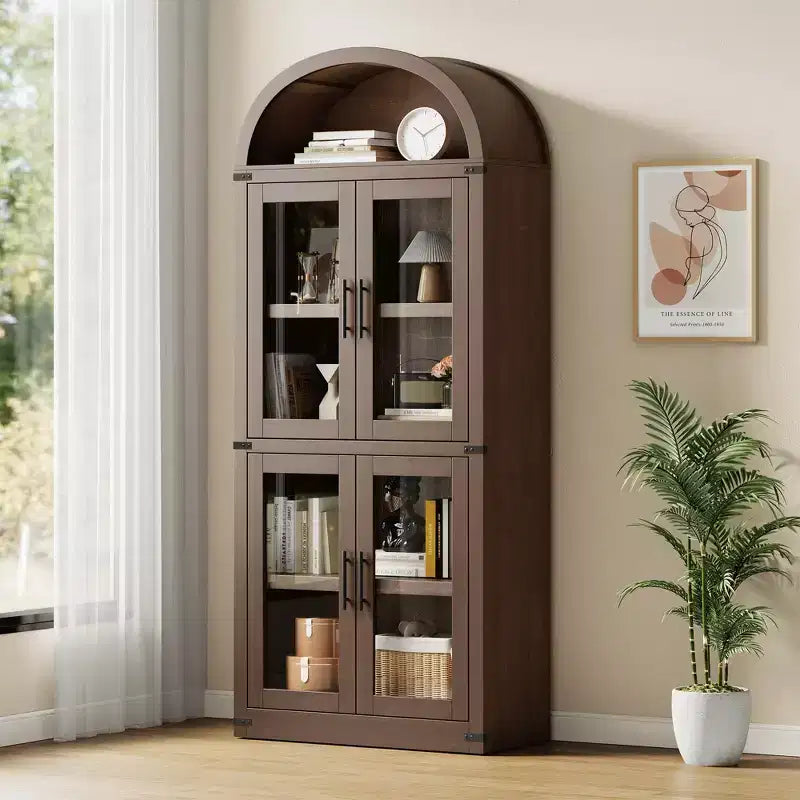 71 Modern Farmhouse Arched Pantry CabinetCBrownish Red Freestanding Storage with 4 Glass Doors & 6-Tier Shelves for Entryway, Dining,Living Room