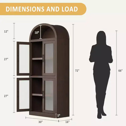 71 Modern Farmhouse Arched Pantry CabinetCBrownish Red Freestanding Storage with 4 Glass Doors & 6-Tier Shelves for Entryway, Dining,Living Room