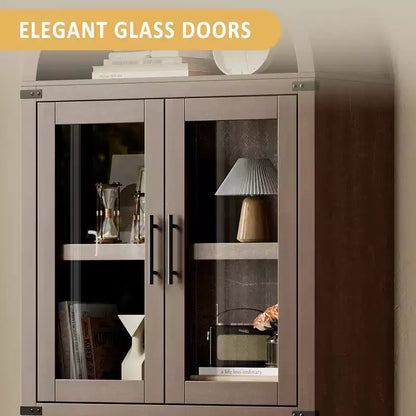 71 Modern Farmhouse Arched Pantry CabinetCBrownish Red Freestanding Storage with 4 Glass Doors & 6-Tier Shelves for Entryway, Dining,Living Room