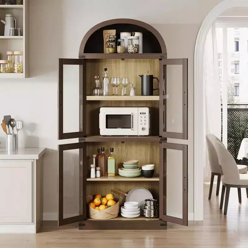 71 Modern Farmhouse Arched Pantry CabinetCBrownish Red Freestanding Storage with 4 Glass Doors & 6-Tier Shelves for Entryway, Dining,Living Room