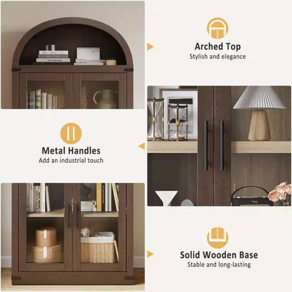 71 Modern Farmhouse Arched Pantry CabinetCBrownish Red Freestanding Storage with 4 Glass Doors & 6-Tier Shelves for Entryway, Dining,Living Room