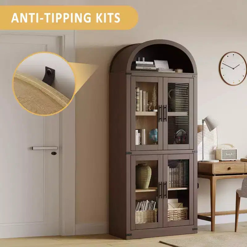 71 Modern Farmhouse Arched Pantry CabinetCBrownish Red Freestanding Storage with 4 Glass Doors & 6-Tier Shelves for Entryway, Dining,Living Room