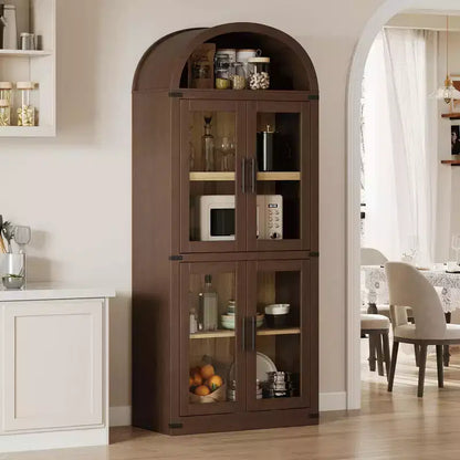 71 Modern Farmhouse Arched Pantry CabinetCBrownish Red Freestanding Storage with 4 Glass Doors & 6-Tier Shelves for Entryway, Dining,Living Room